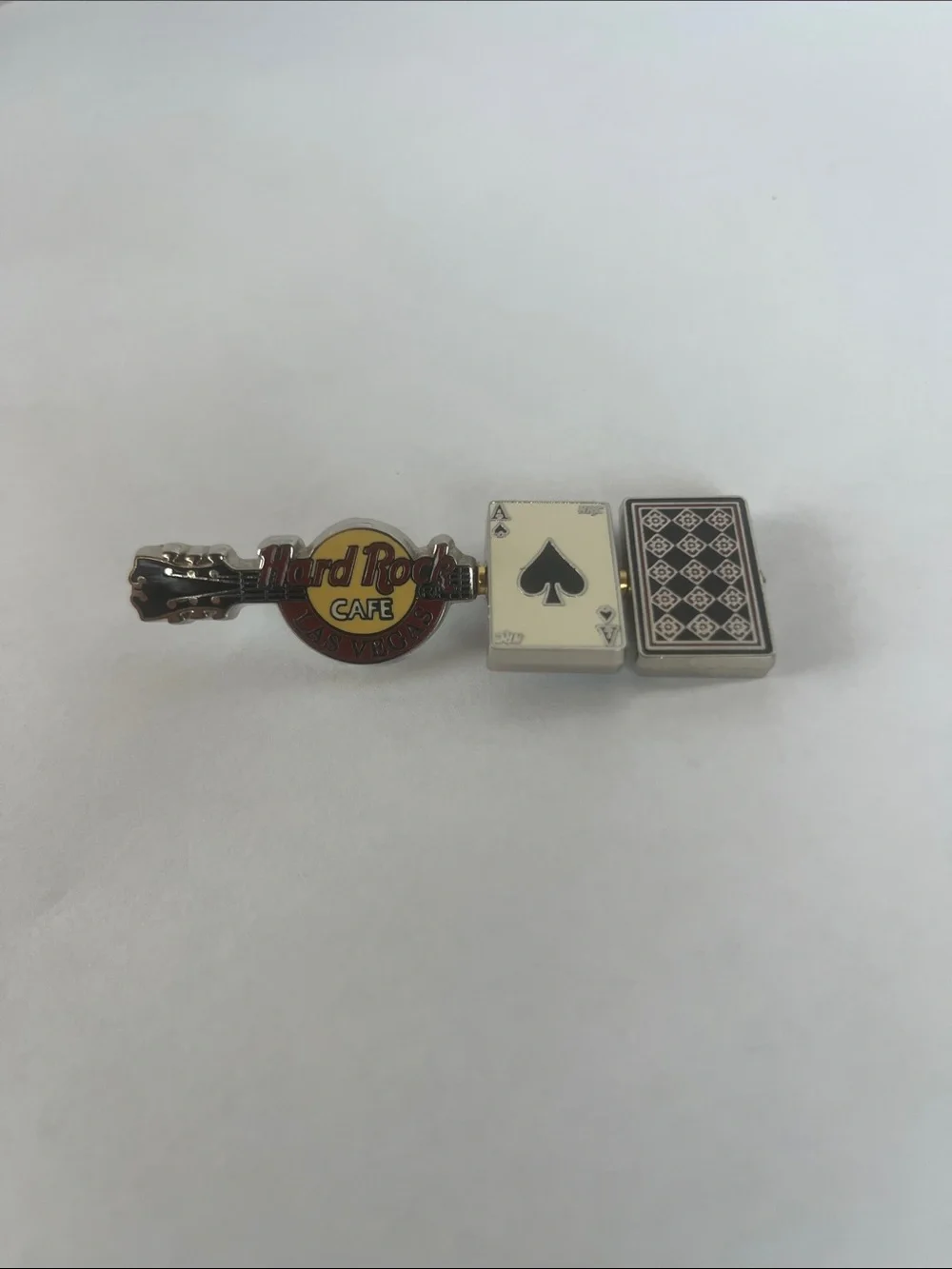 Hard Rock Cafe Yellow and White Guitar Pin with Spinning Playing Cards Ace King